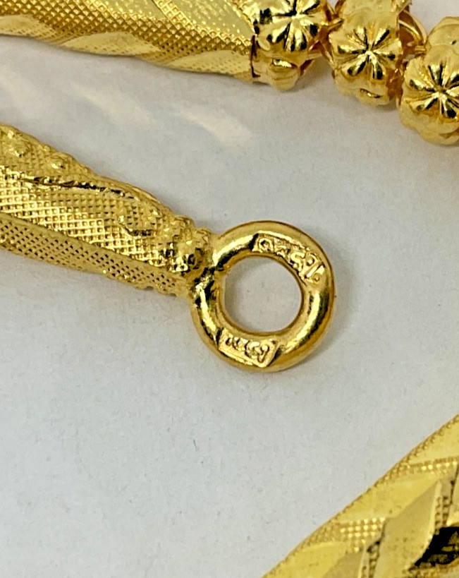 Thai 23K Solid Yellow Gold Bead Bamboo Link Necklace 30.5 Grams Tested 24″ long