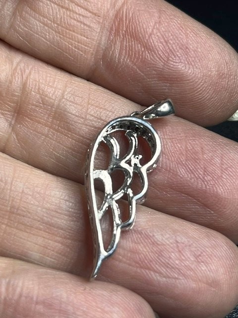 B5062 AV Sterling Silver 14K Angel Wing Pendant Diamond Accent Pave Feather 1.2″