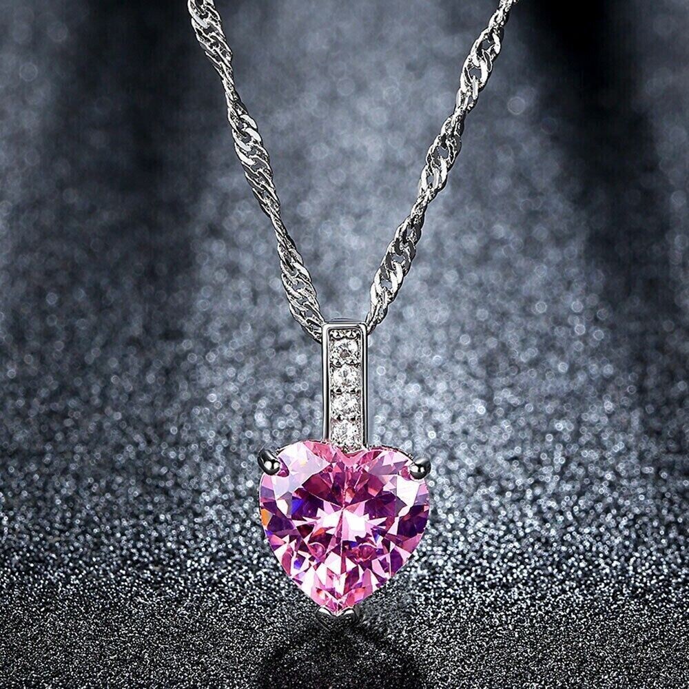 2Ct Heart Cut Lab-Created Pink Sapphire Solitaire Pendant 14K White Gold Plated