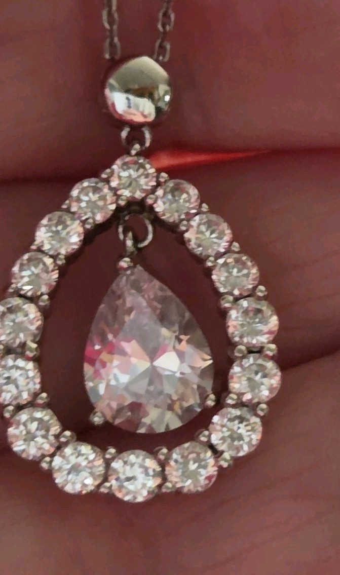 Sterling Silver Sparkling Gemstone Halo Teardrop Necklace 18″ Made In Italy