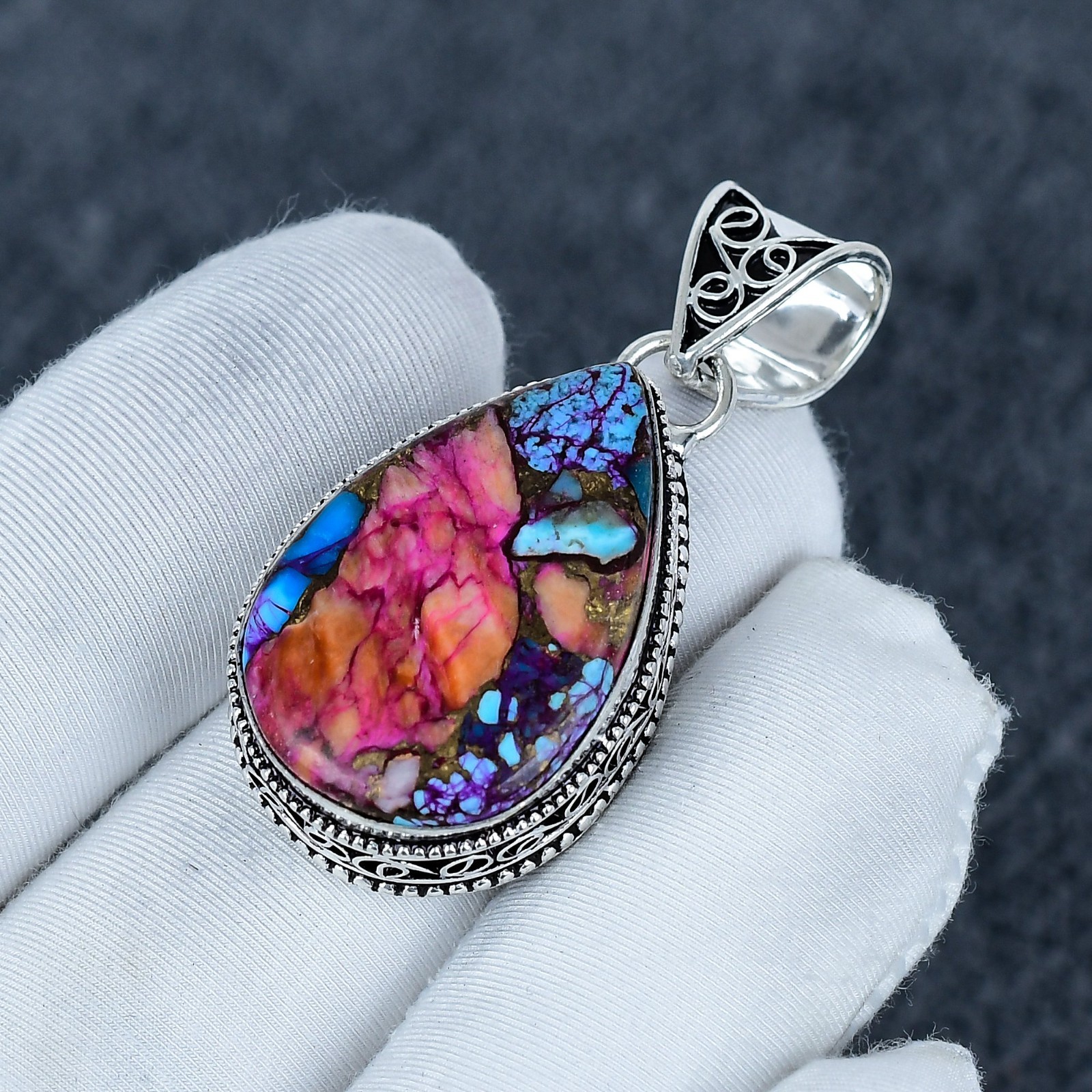 Kingman Pink Spiny Oyster Gemstone Pendant 925 Sterling Silver Handmade Jewelry
