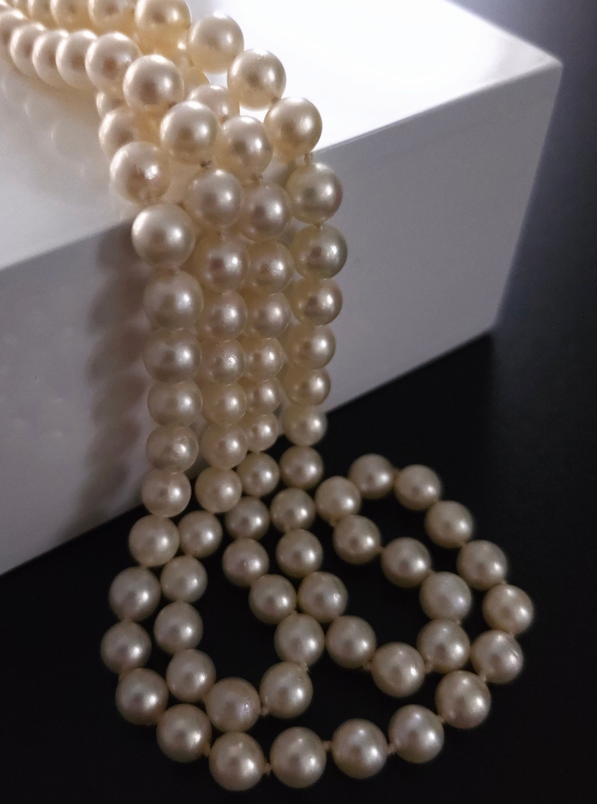 46″ Akoya Pearl Necklace Rope 6.5–7mm w/ .835 Silver Sapphire Enhancer .80ctw