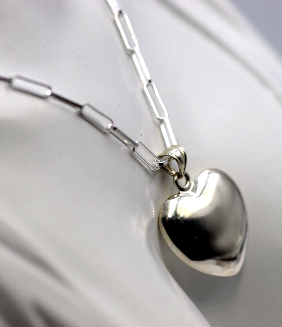 Sterling Silver 925 Paperclip 70cm Necklace + Puffy Heart Pendant -Free Post