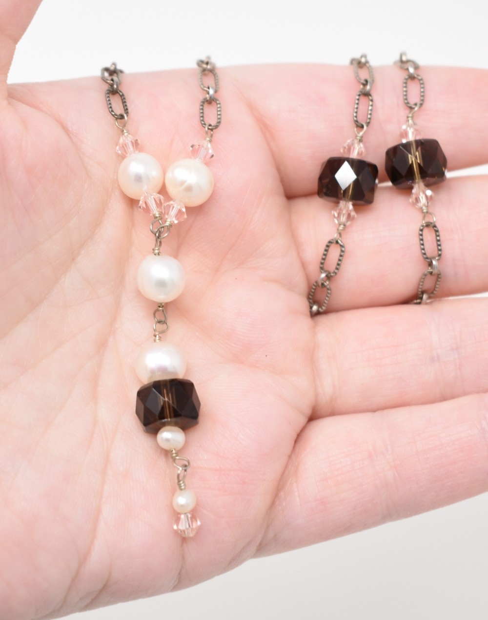 Sterling Silver Smoky & Pink Crystal & Ring Pearl Pendant Choker Chain Necklace