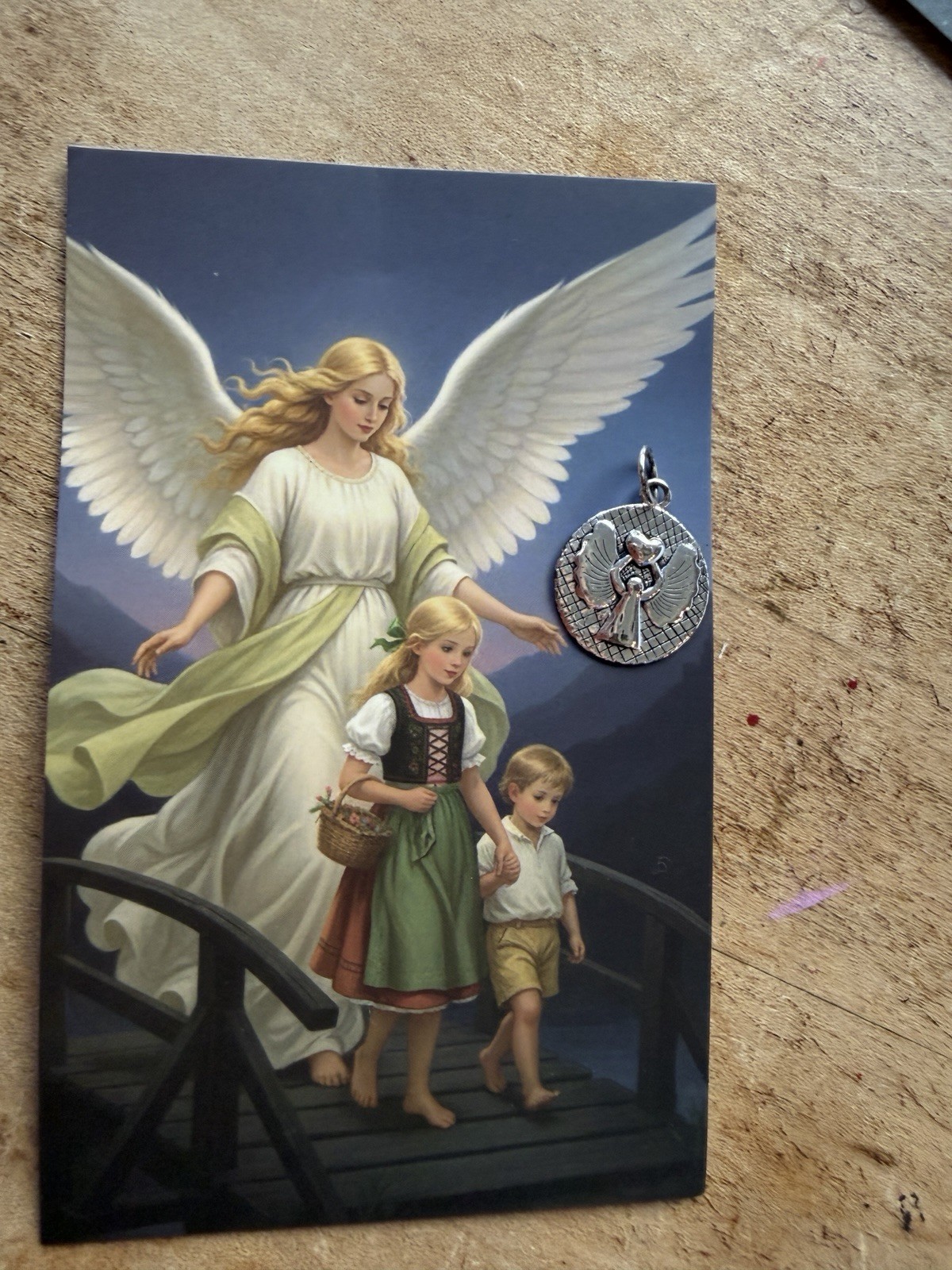 925 Sterling Silver Guardian Angel Round Medal Charm