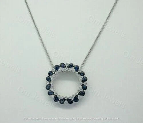 2Ct Pear Cut Blue Sapphire Circle Pendant 14K White Gold Finish 18″ Free Chain