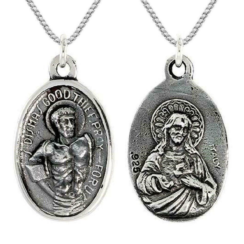 Sterling Silver St. Dismas Good Thief & Sacred Heart Pendant / Charm, Box Chain