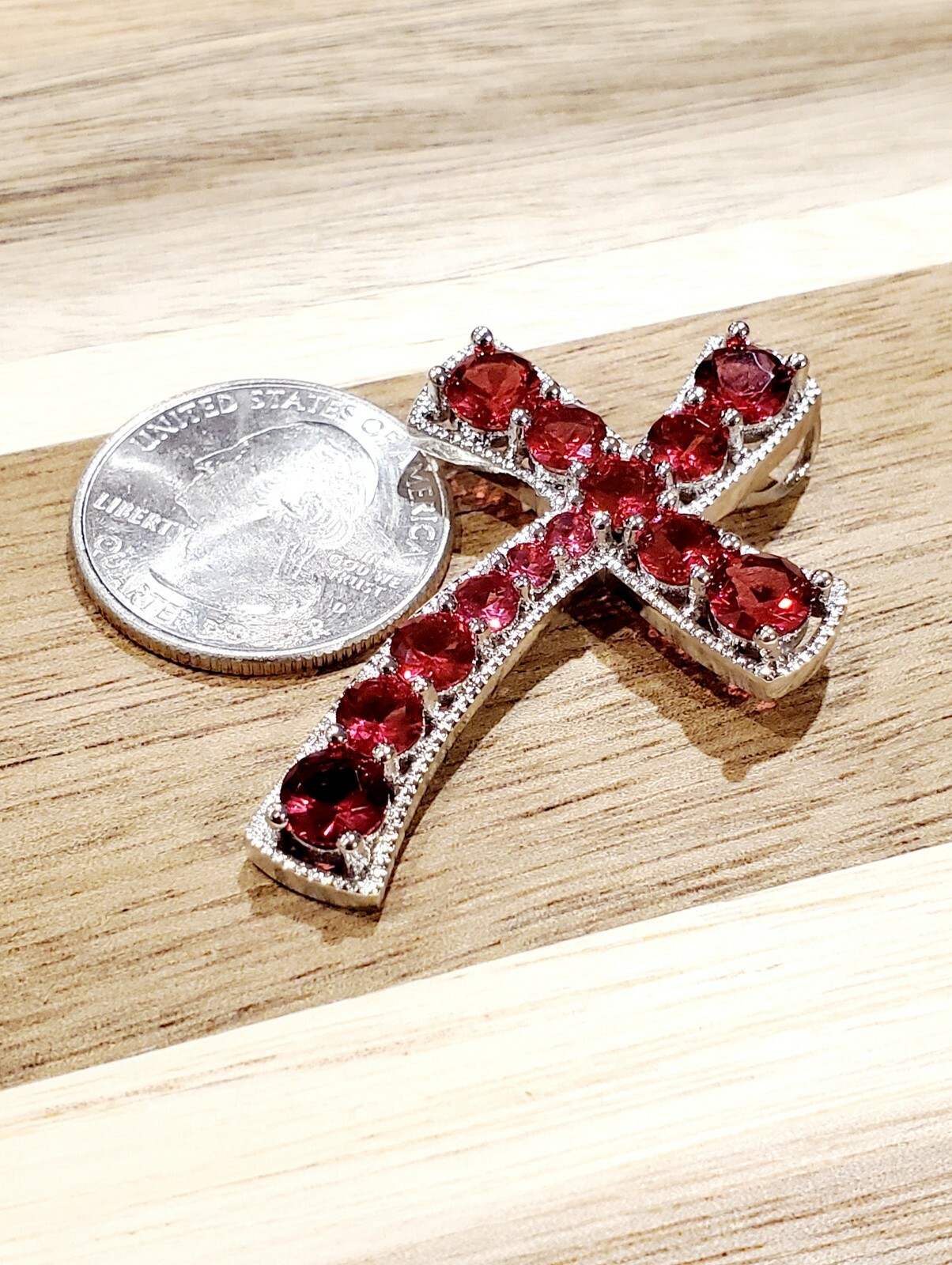 Sterling Silver 925 Raspberry Rhodolite Garnet Cross Pendant Chain Necklace NEW