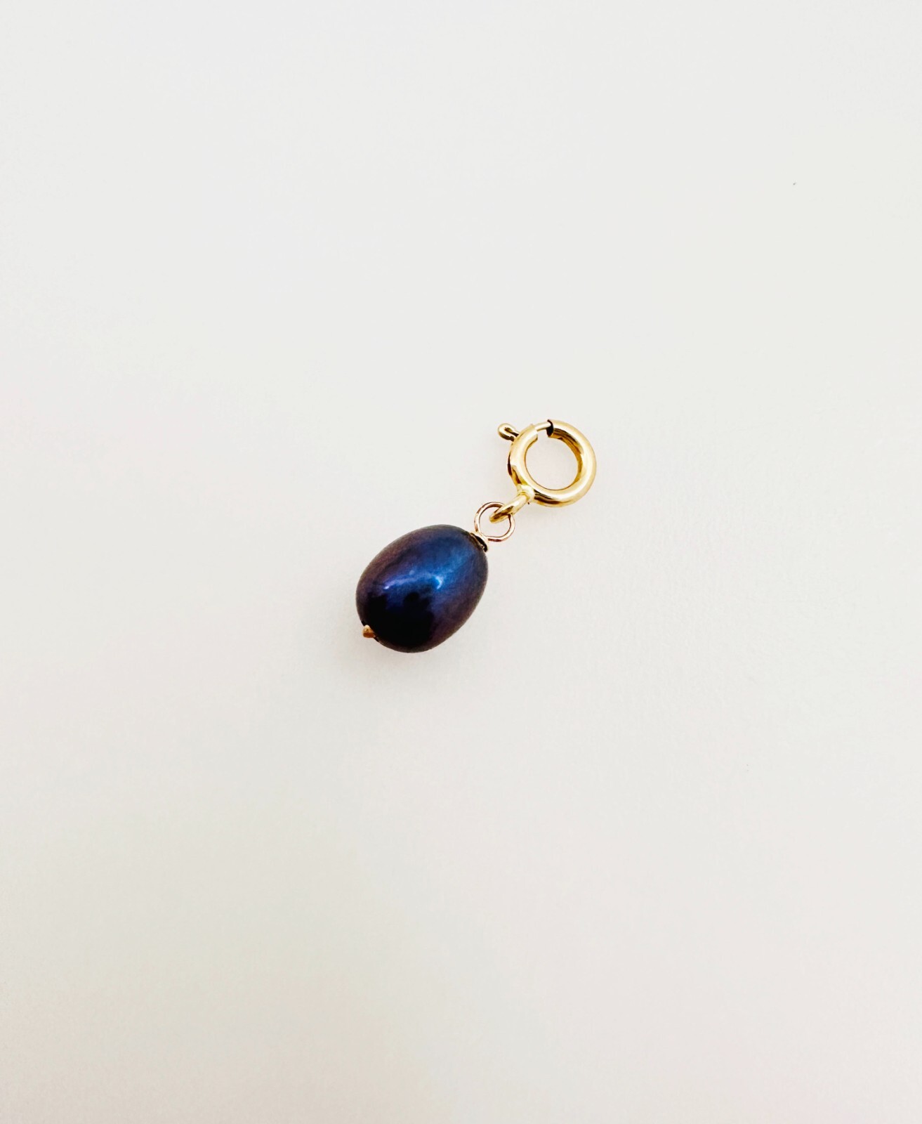 14K Solid Yellow Gold Dangle 6mm Mini Peacock Pearl Charm Pendant w/Spring Clasp