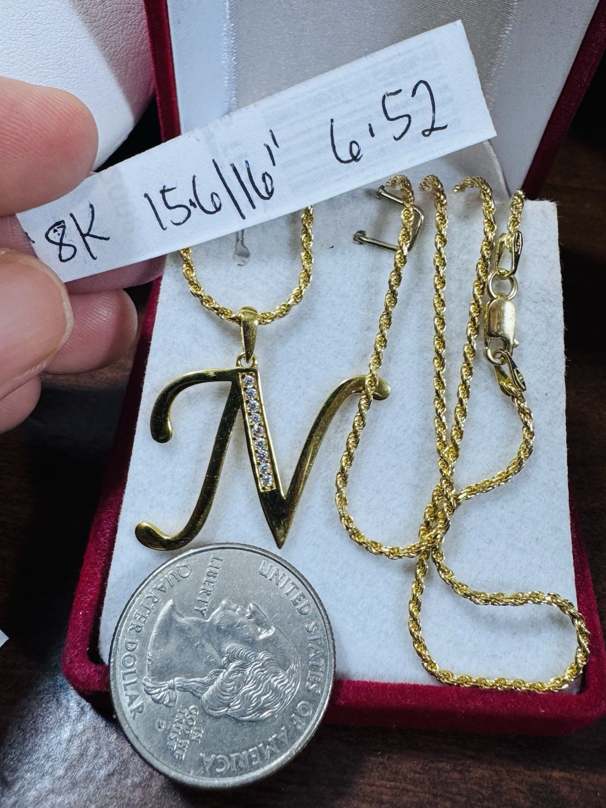 18K 750 Genuine Gold Rope Letter N Necklace 15.6”/16” Long 6.5g 1.6mm Choker