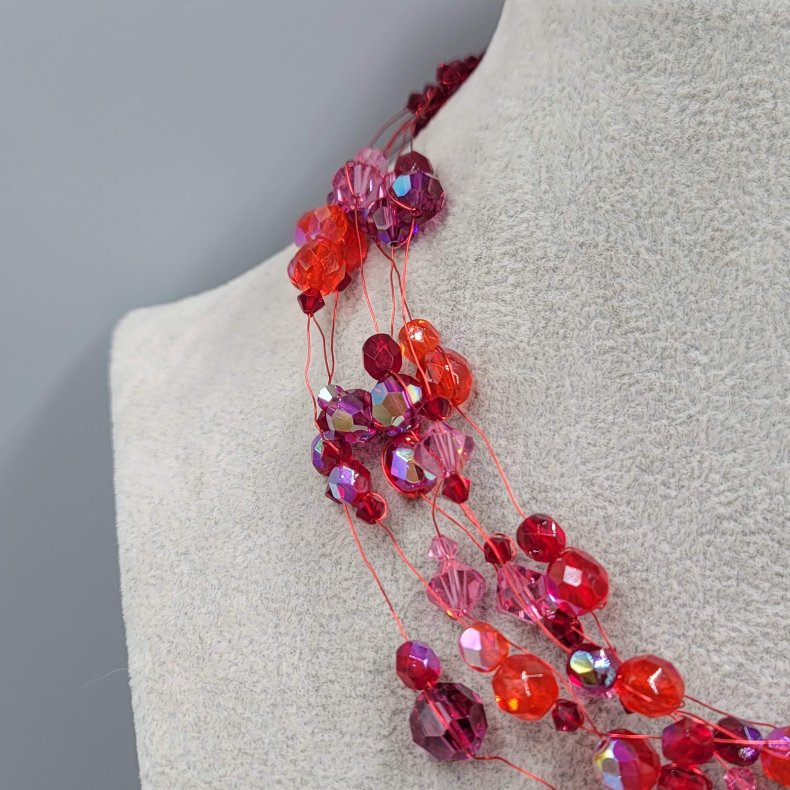 Sterling Silver Necklace 925 Red Glass Bead Layered Wire Multistrand 18″ adj