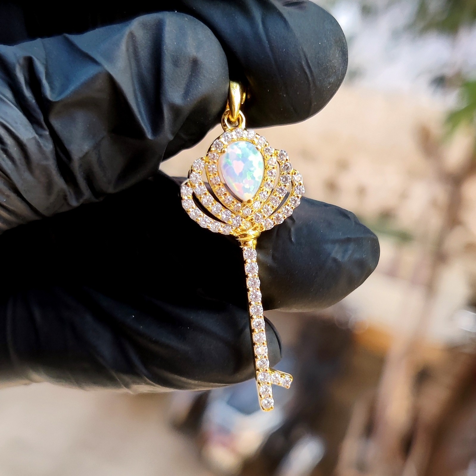 2Ct Pear Cut Lab Created Fire Opal Key Pendant 14K Yellow Gold Plated 925 Silver