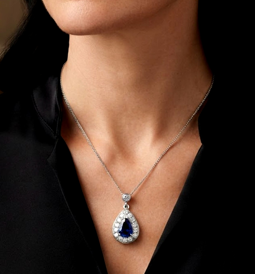0.50ct Natural Round Diamond 14k BIS Hallmarked White Gold Sapphire Pendant