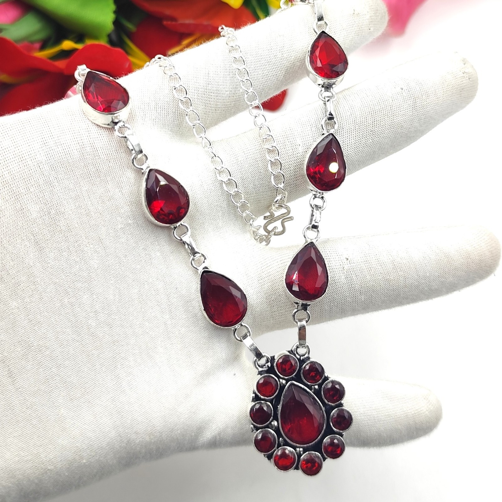 Red Garnet Gemstone Handmade 925 Sterling Silver Jewelry Necklace Size-17-18″