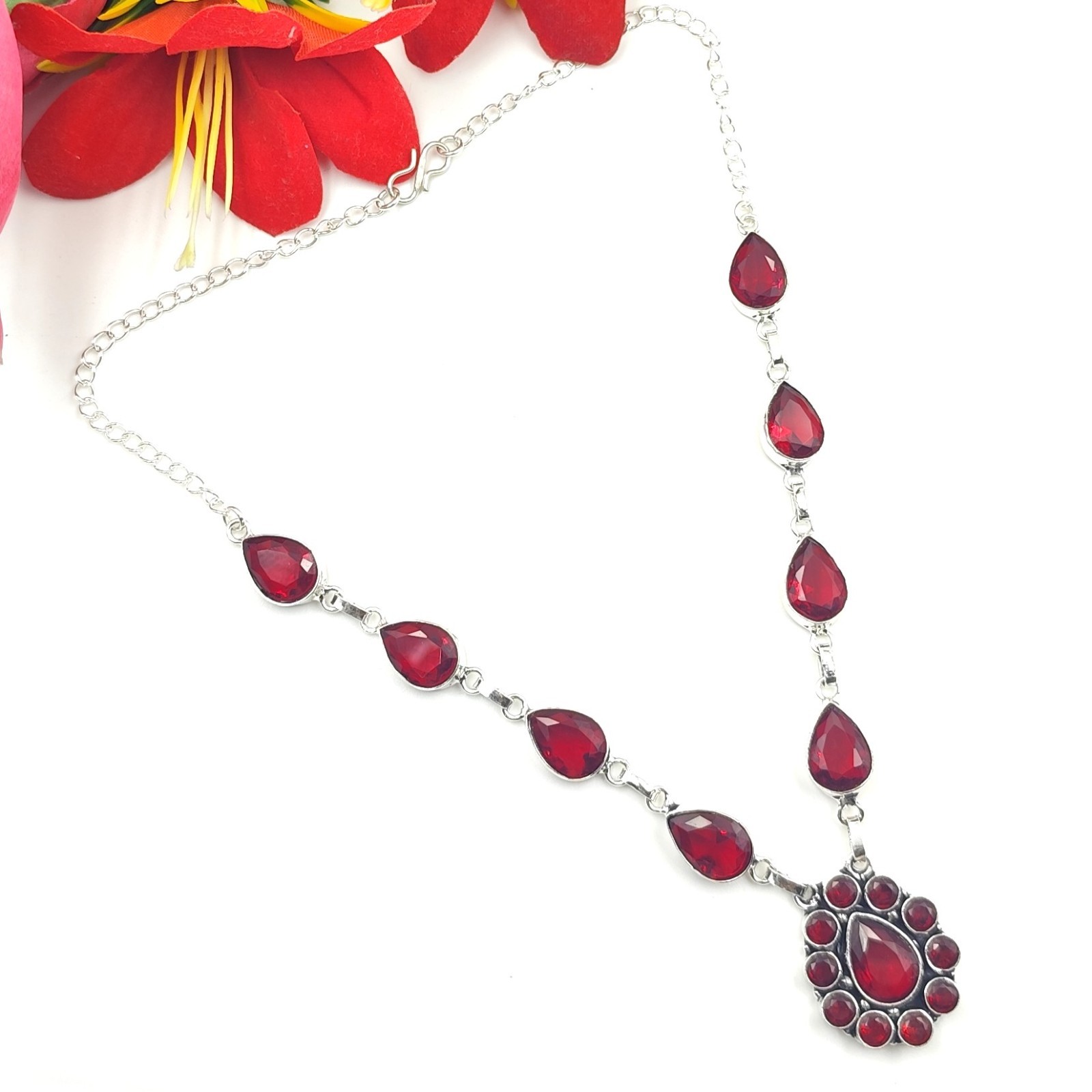 Red Garnet Gemstone Handmade 925 Sterling Silver Jewelry Necklace Size-17-18″