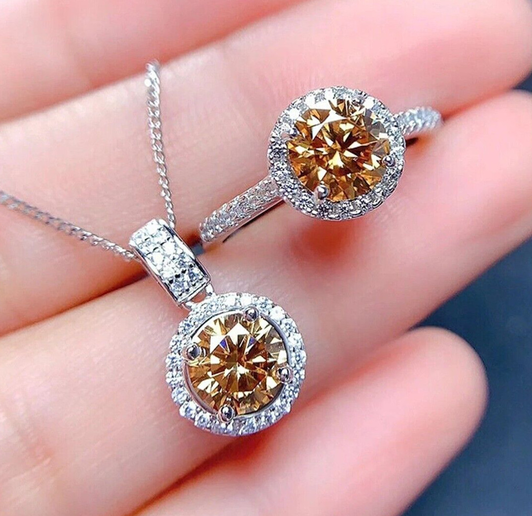 7 Ct Certified Treated Lovely Champagne Diamond Pendant & Ring Set In 925 Silver