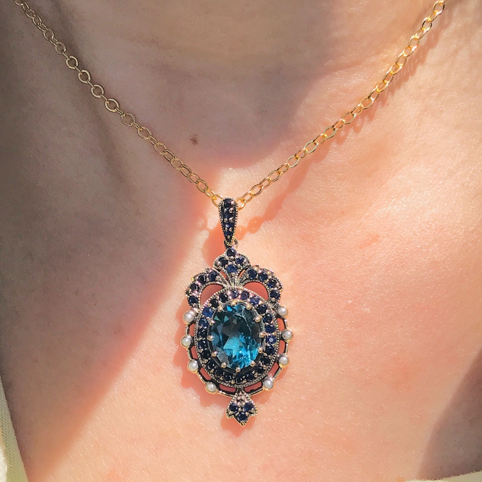 9K Gold Blue Topaz Sapphire Pearl Crown Pendant Vintage Style Pendant Necklace