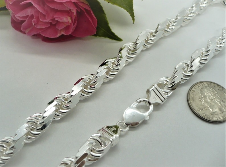 Solid 925 Sterling Silver Italian Rope Chain Mens Necklace Diamond Cut 9mm