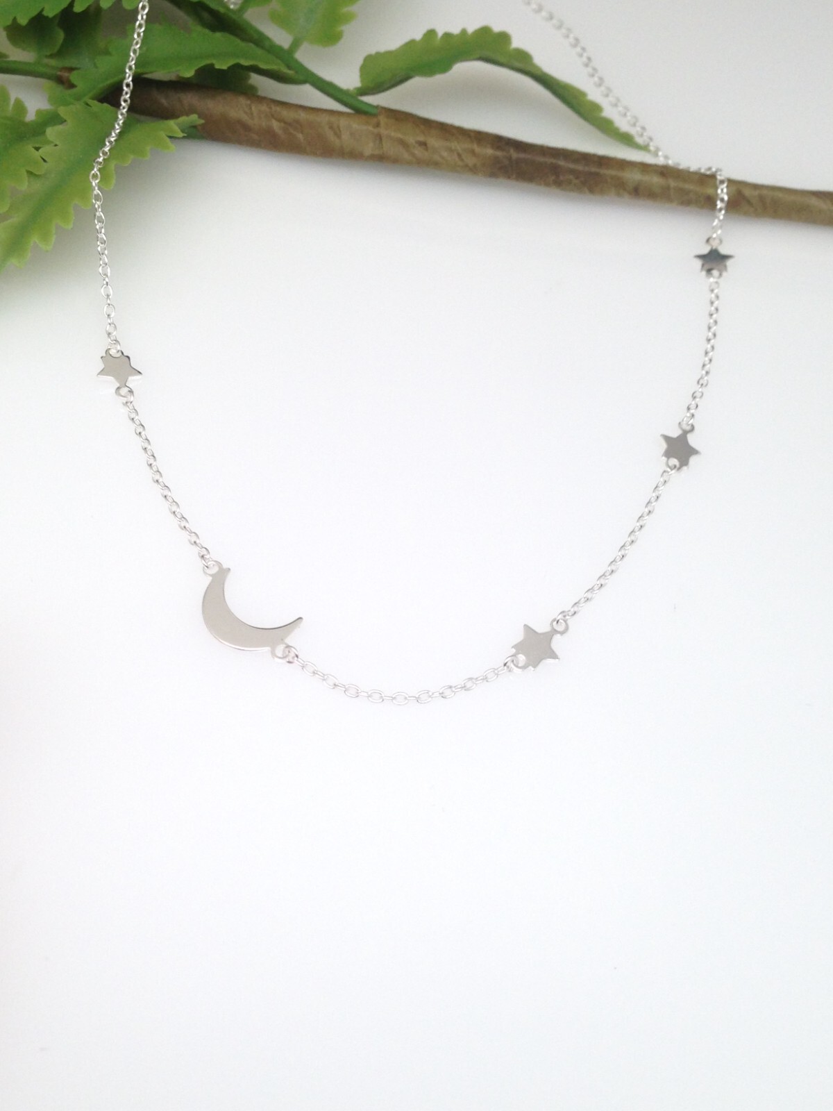 925 Sterling Silver Star Crescent Moon Station Choker Necklace Tiny 4/10mm 15.5″