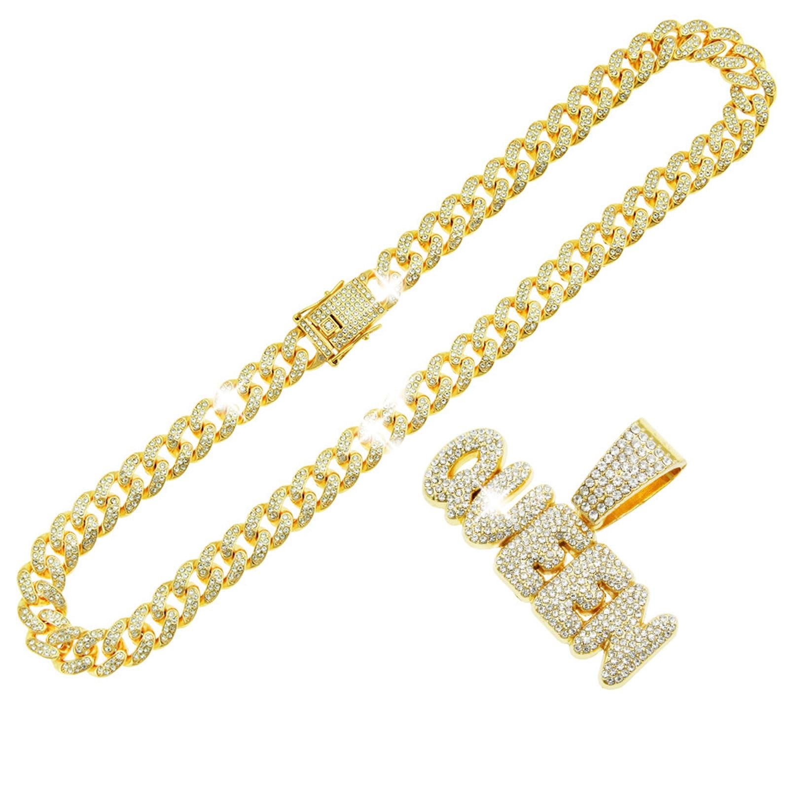 Queen Hip-hop Cuban Chain, Rhinestone Pendant Necklace Jewelry For Women，Women’s