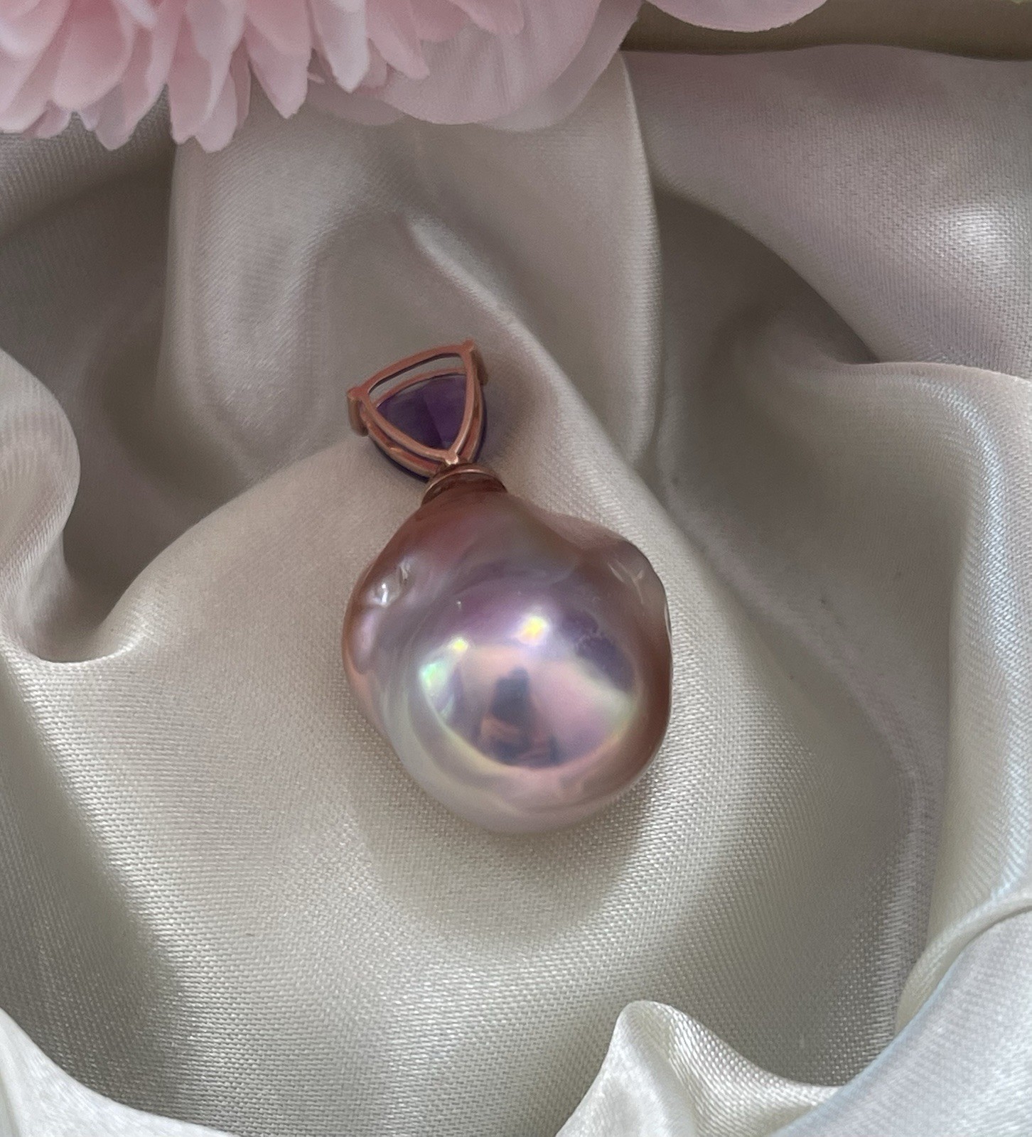 New 9ct Rose Gold Genuine Natural Colored Baroque Pearl Pendant With Amethyst