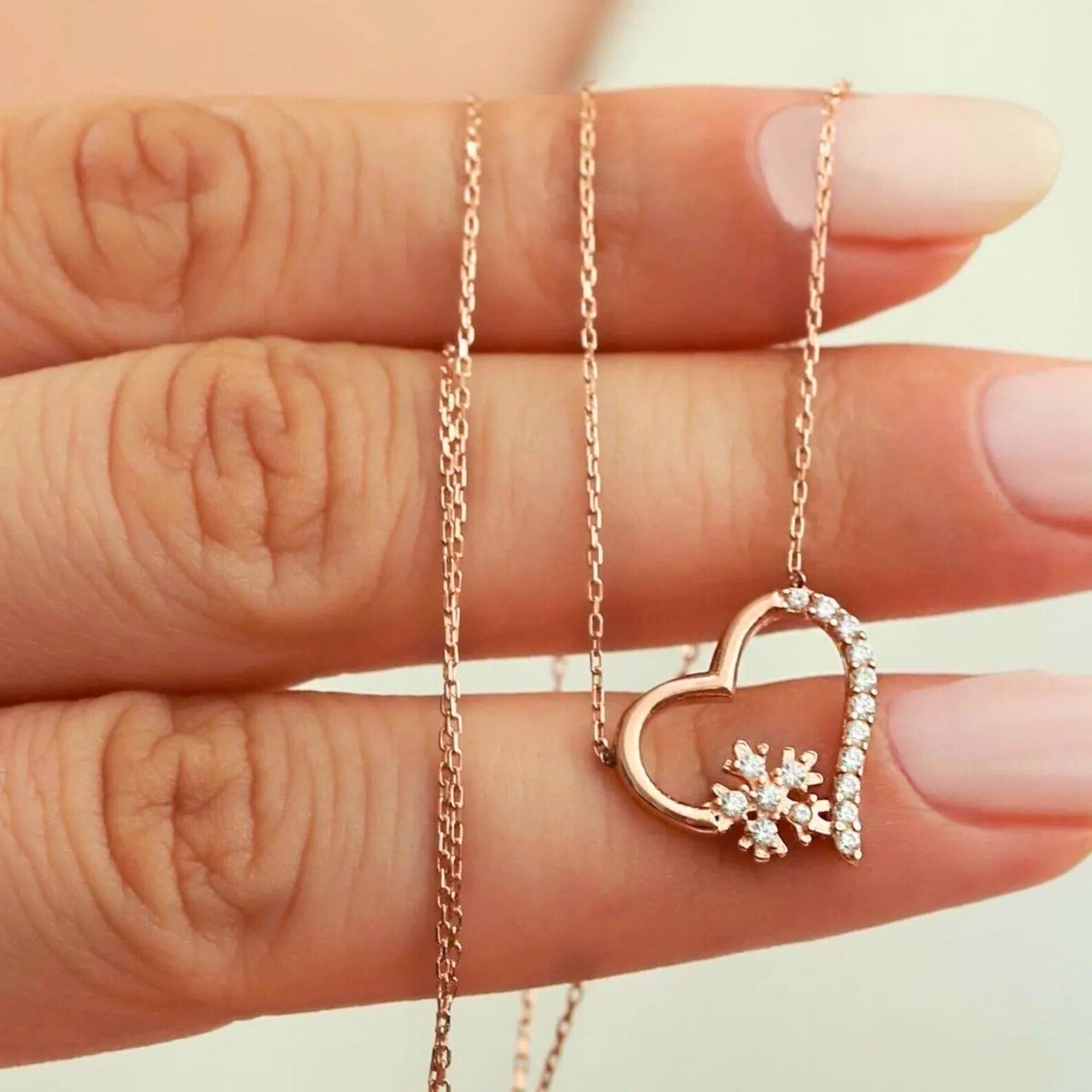 1Ct Round Moissanite Snowflake Heart Womens Necklace 14K Yellow Gold Plated