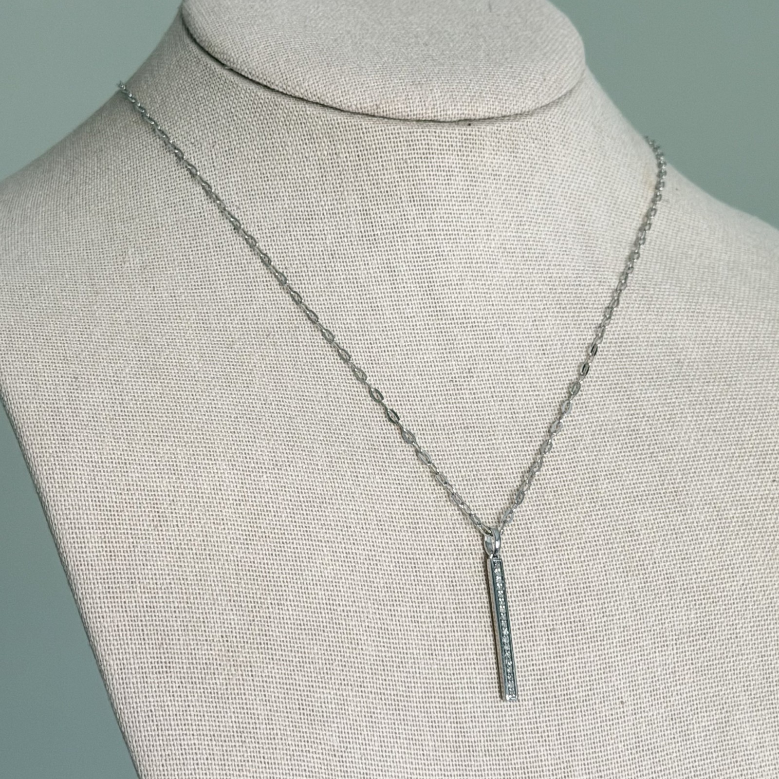 925 Italy Sterling Silver Genuine Diamond Pave Thin Bar Pendant Necklace 18″