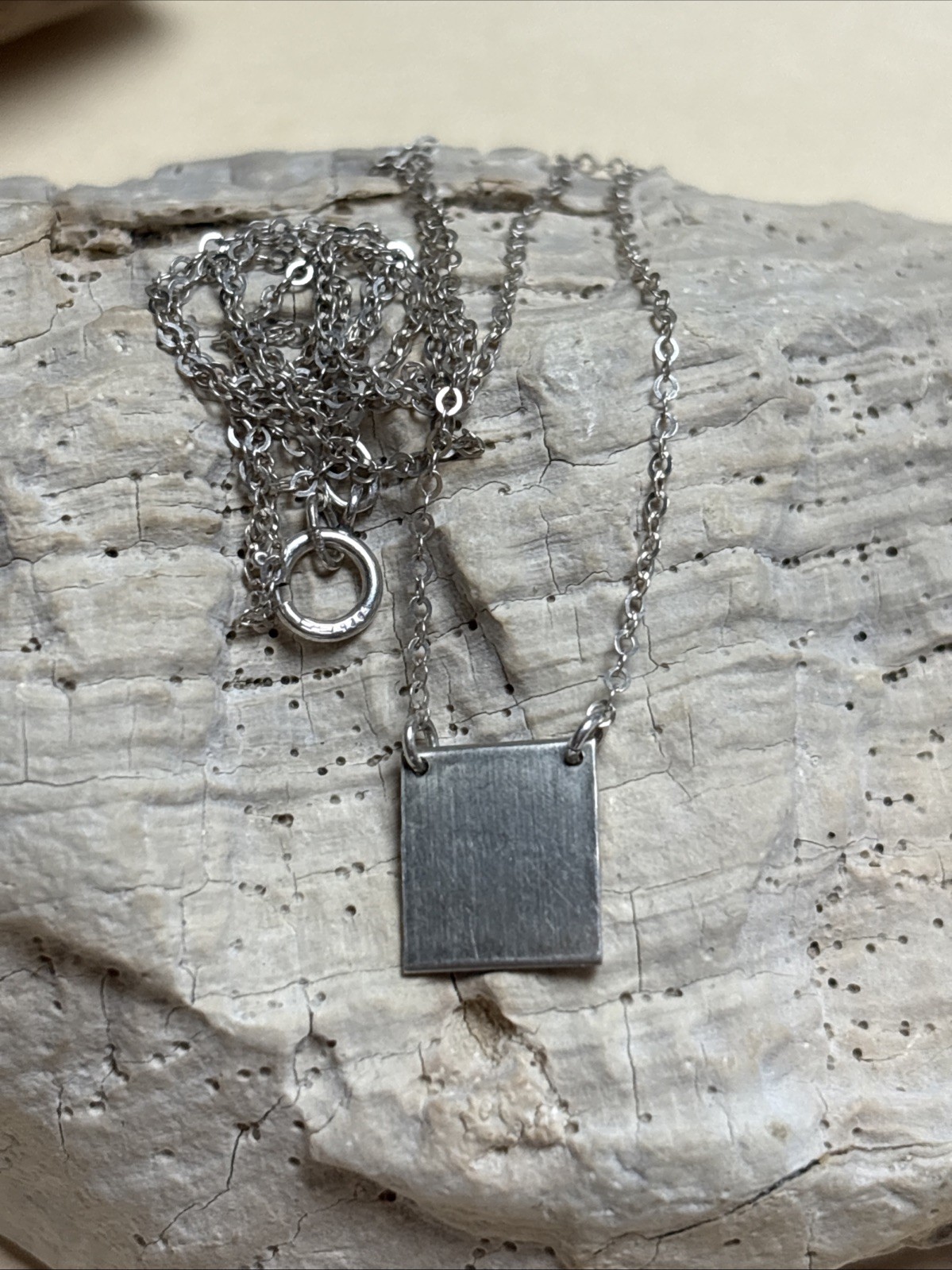Minimalist Sterling Silver Necklace Square Hammered Pendant 17”