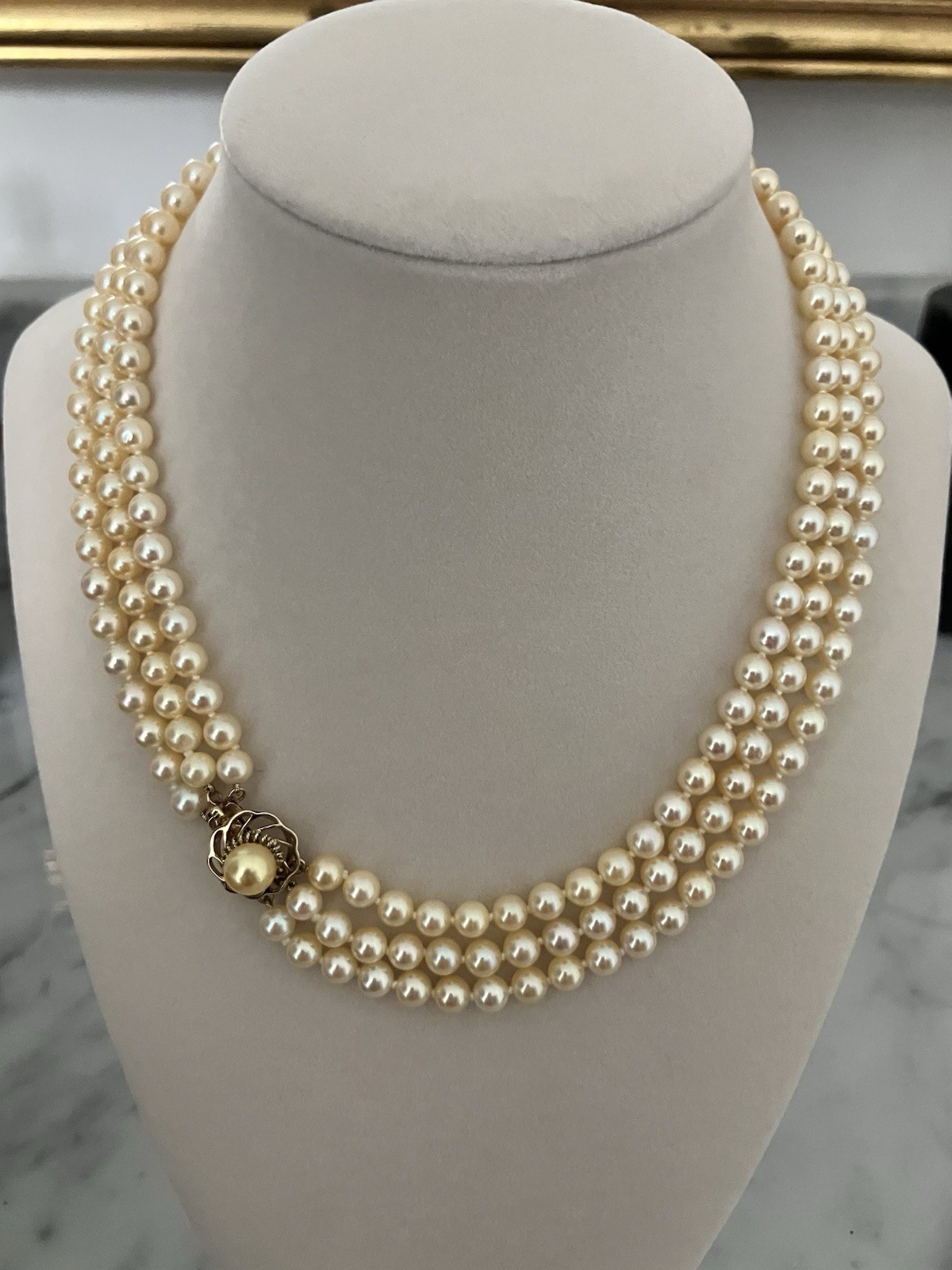 Triple Strand Golden Akoya Pearl Necklace Solid 14K Gold Clasp