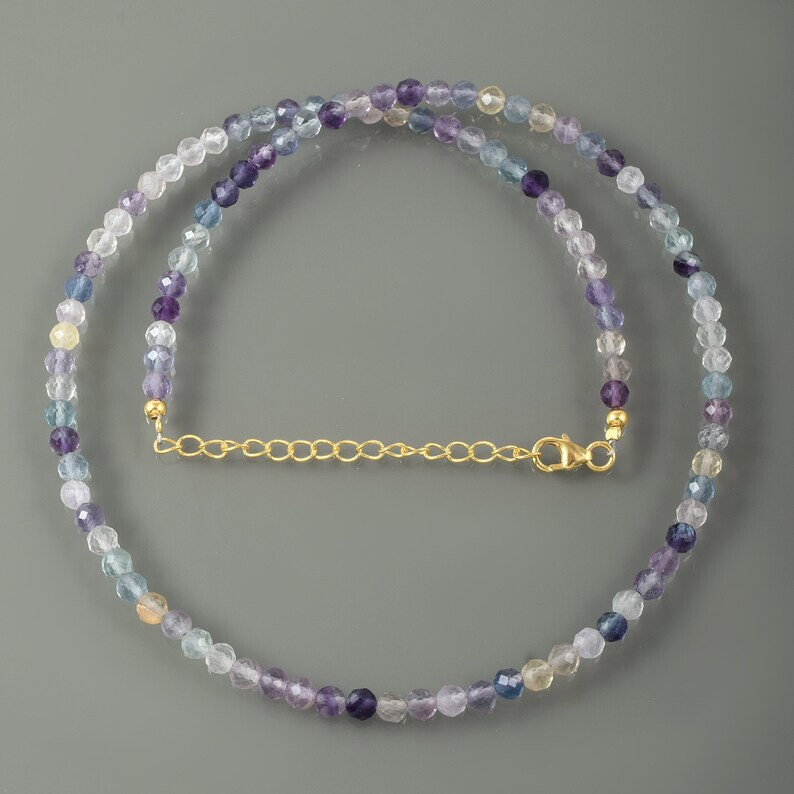 925 Sterling Silver Genuine Fluorite 3MM Round Faceted Gemstone Necklace 18″