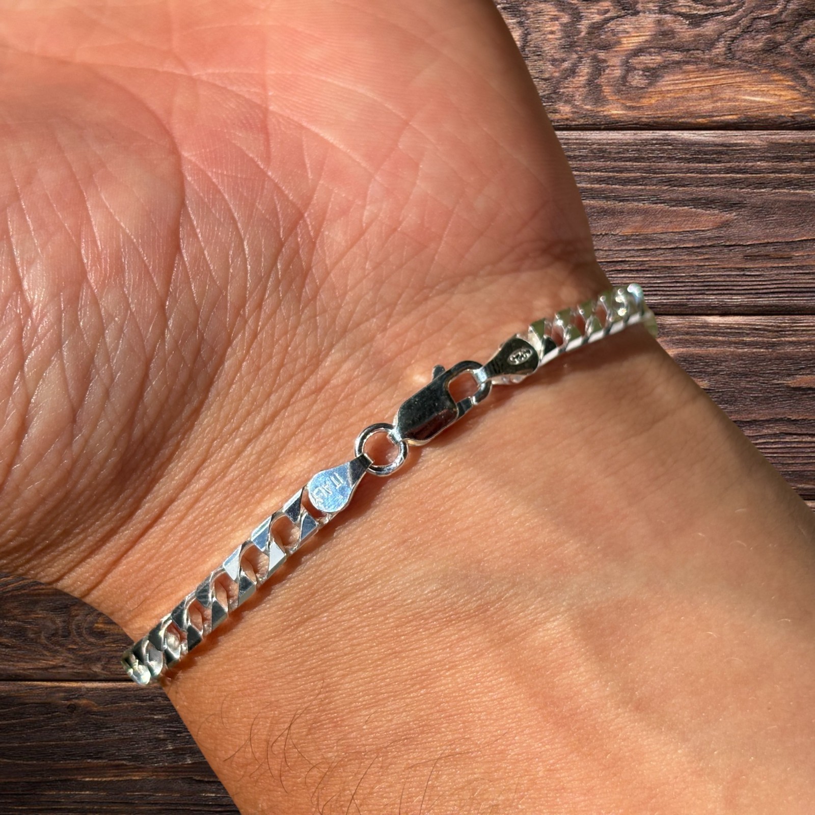 4mm Square Curb Link Bracelet – Real Solid 925 Sterling Silver MADE IN ITALY