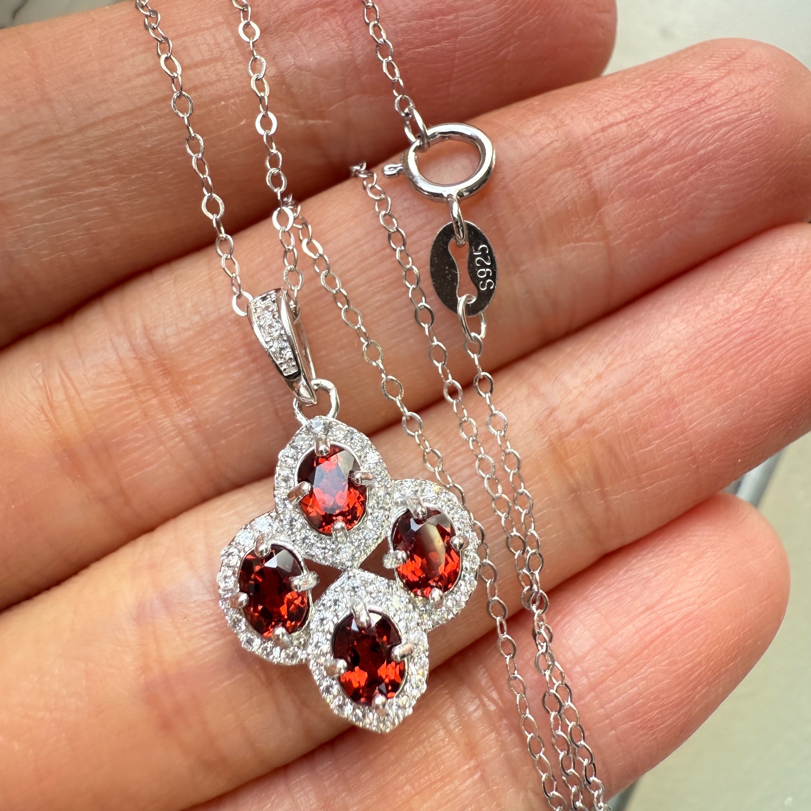 925 Sterling Silver Necklace 4x3mm Natural Garnet Gemstone Zircon Flower Chain