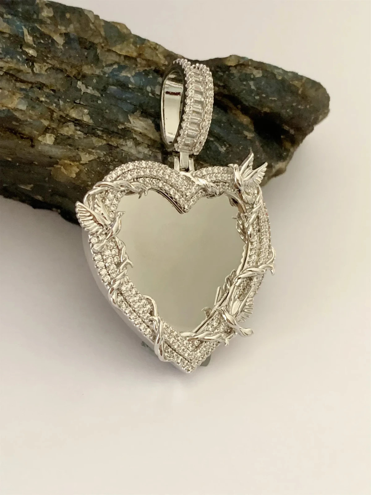 4ct Lab Created Diamond Custom Heart Memorial Photo Pendant 14k Gold Plated 2″