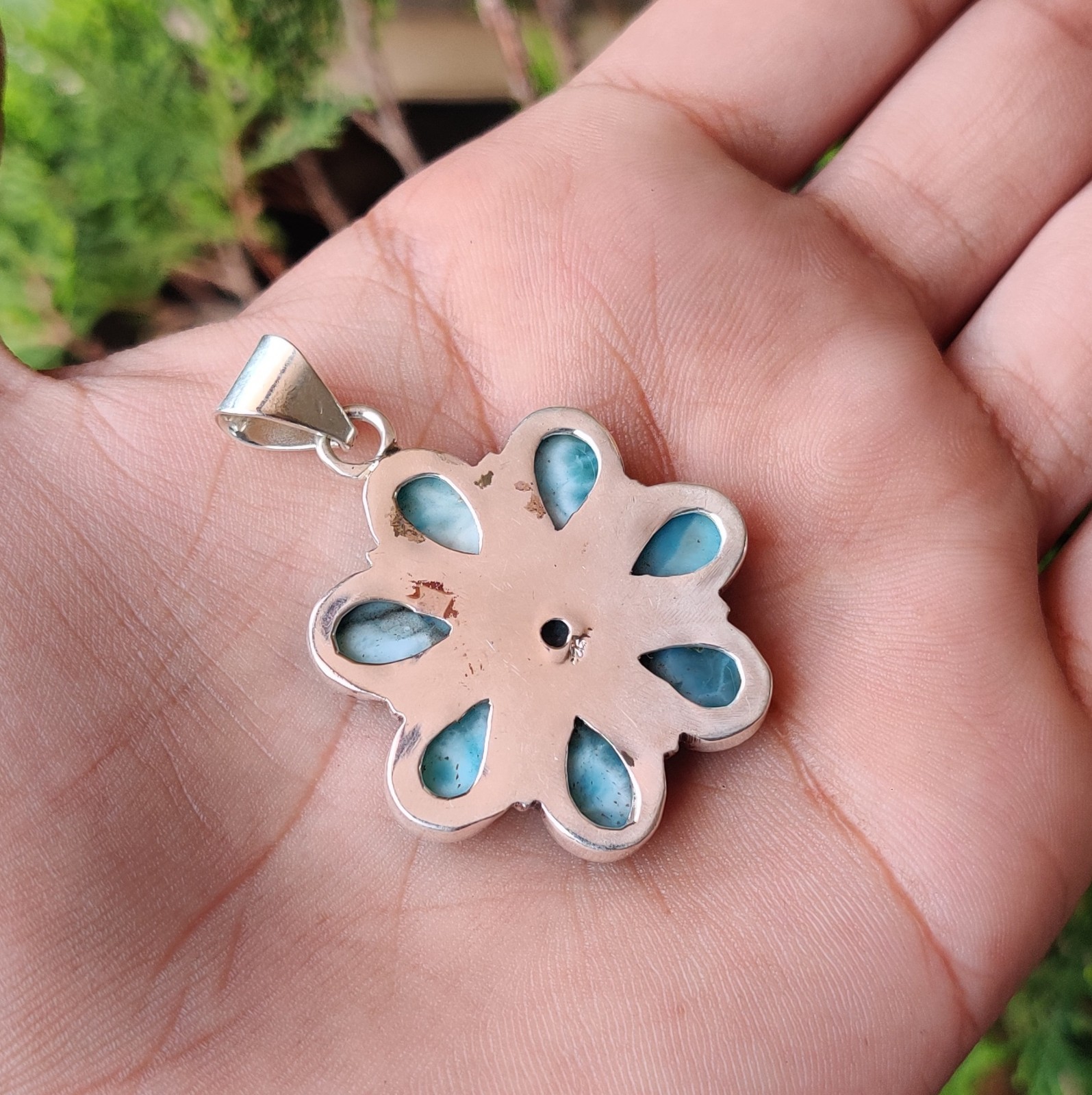 Rose Flower Larimar Gemstone Pendant 925 Sterling Silver Beautiful Pendant MK*