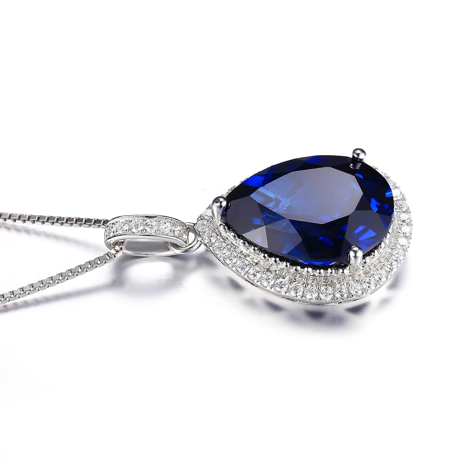 Huge Pear Cut 10.9ct Blue Sapphire Halo Pendant Necklace 14k White Gold