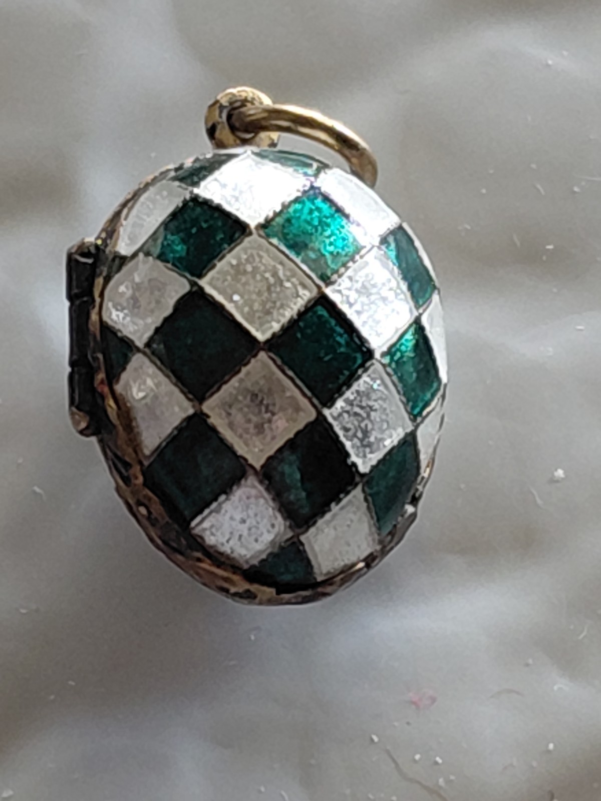 Checkerboard Russia Enamel Sterling Silver Gilt Egg Pendant LOCKET Bunny Dangle