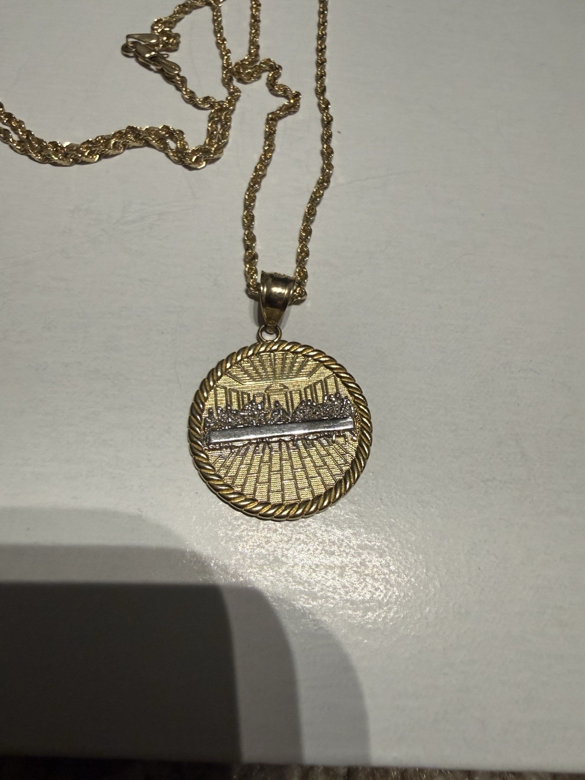 10K Yellow Gold Last Supper Jesus Charm Pendant With 2mm Rope Chain Necklace Set