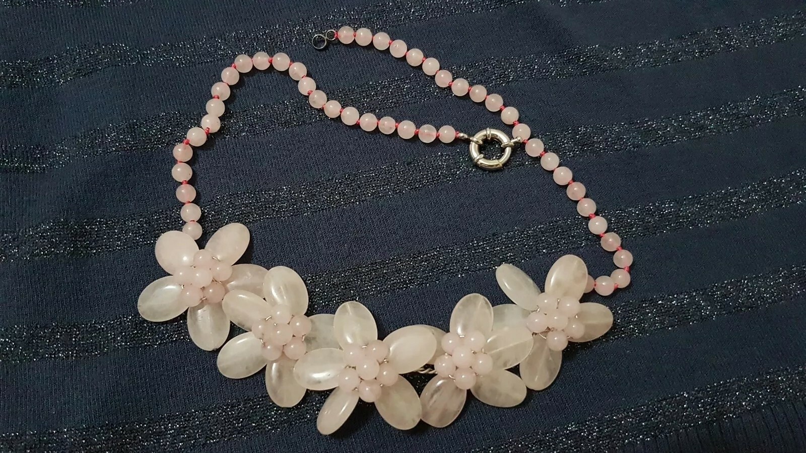 Pink Natural Quartz Statement Necklace Floral. 52cm.