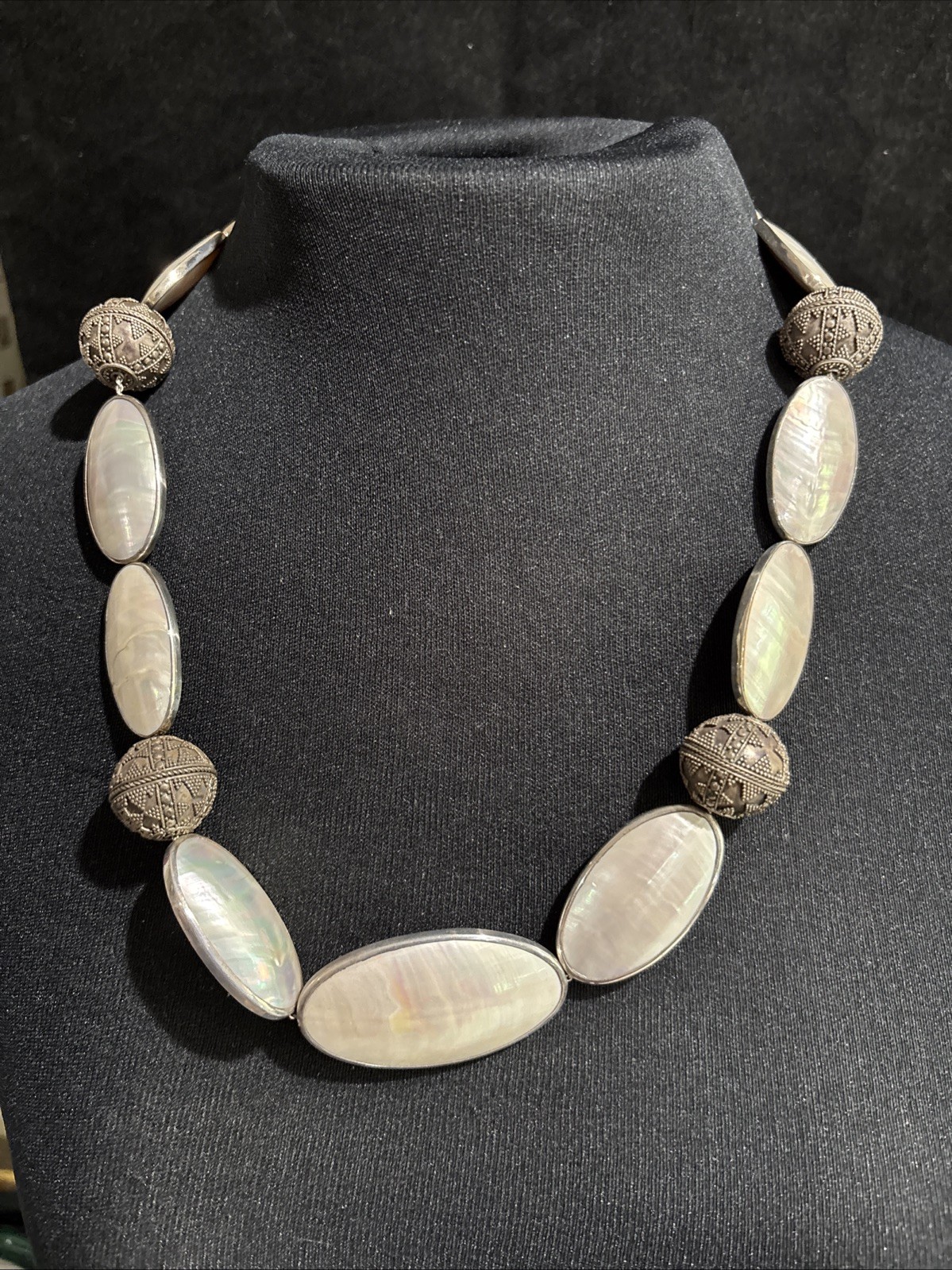 Rare Nautilus Osmena Pearl Antique 925 Silver Necklace 70cm WhiteGray Iridescent