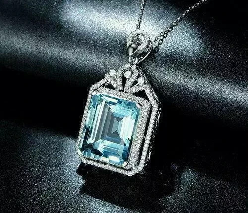 5.50Ct Emerald Cut Aquamarine Halo Pendant 14K White Gold Finish Free Chain