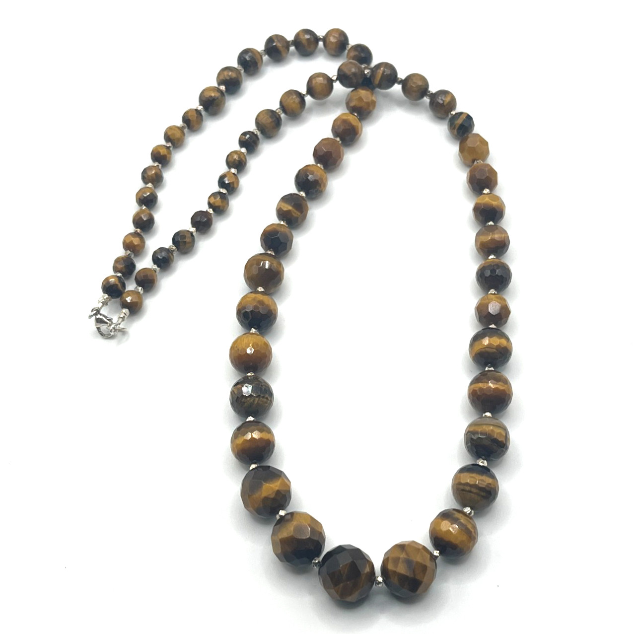 VTG Necklace Tiger’s Eye 30″ Long Faceted Graduating Round Beaded Sterling 925