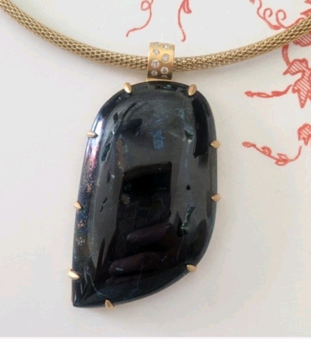 10k Yellow Gold Diamond Bail Blue Azurite Gemstone Large Pendant OOAK Women’s
