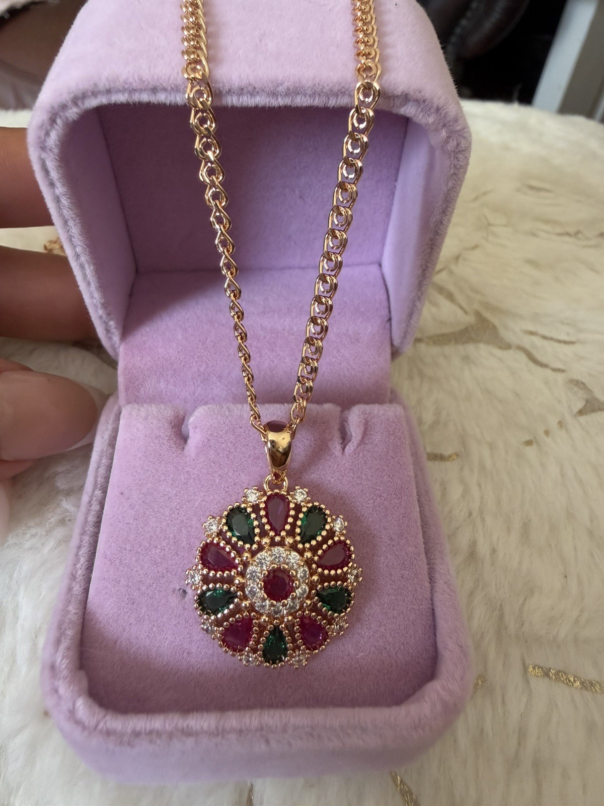 585 RG Hallmarked Rolled Rose Gold Necklace & Pendant zircon Vintage 50cm