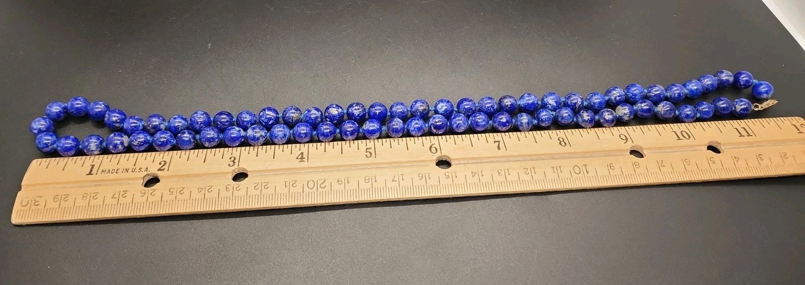 24” Natural Lapis Lazuli 8mm Bead Necklace Matinee Length Hand Knotted 14k Clasp