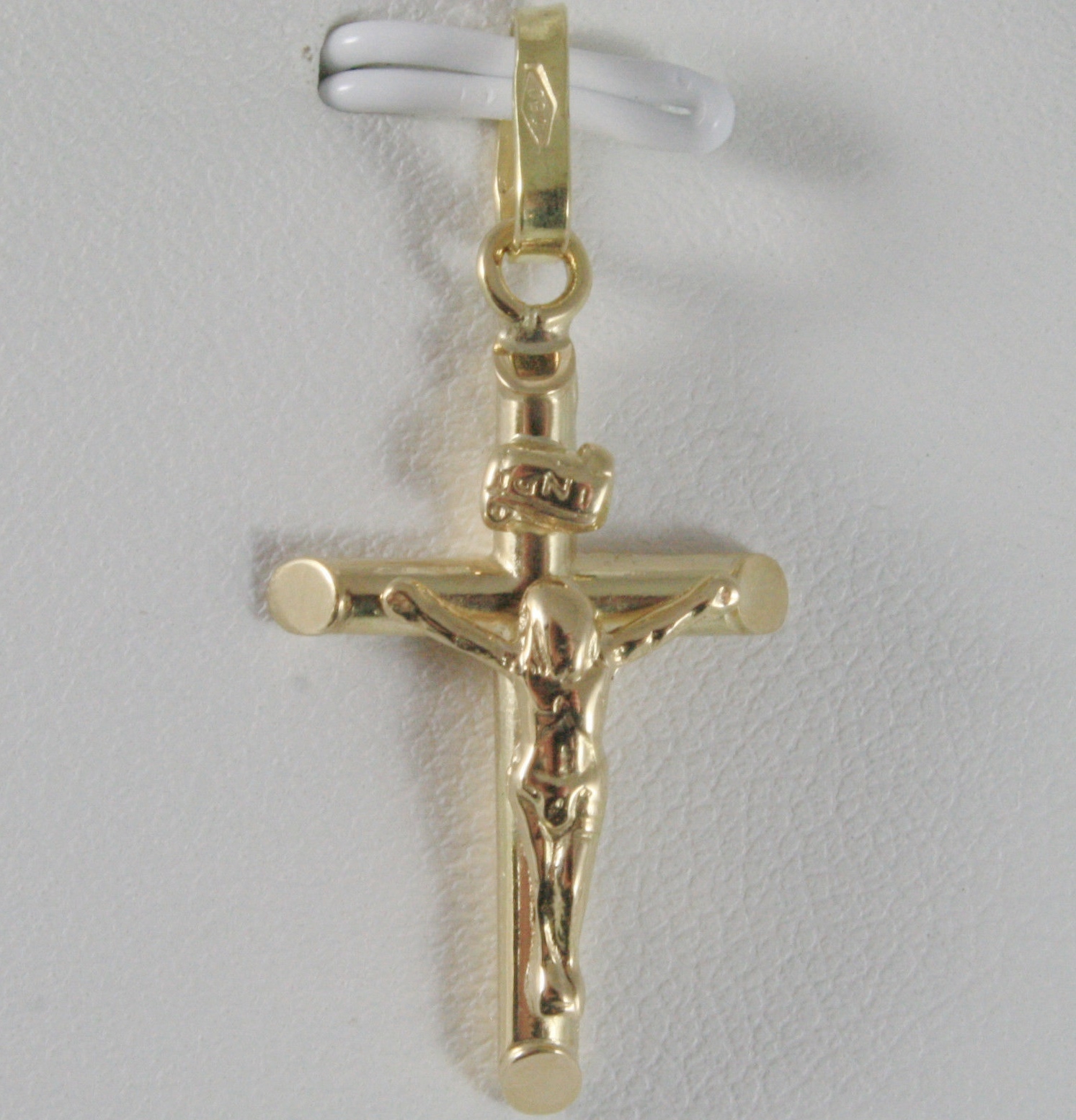 18K YELLOW GOLD CROSS WITH JESUS, ROUNDED TUBE, SHINY 1.22 INCHES, MADE IN ITALY