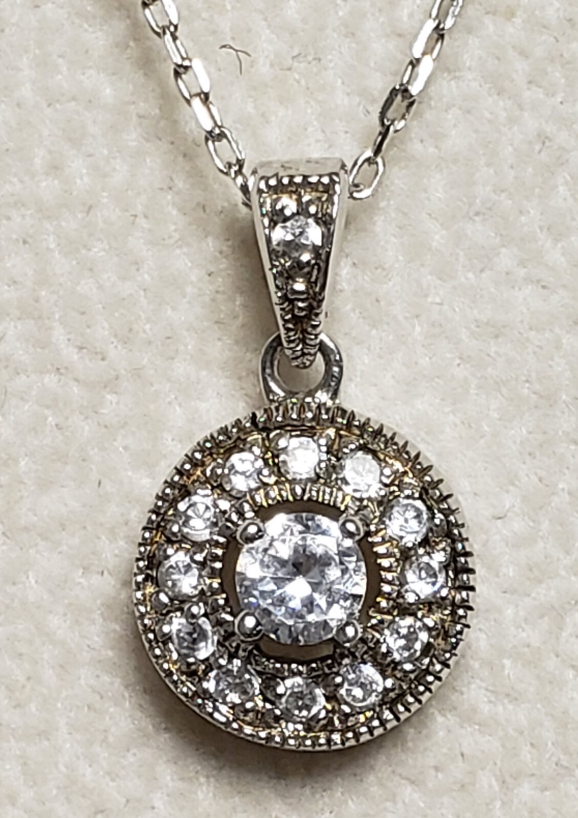 Sterling Silver 925 Rhinestone Pendant Chain Necklace ATI 15.5″
