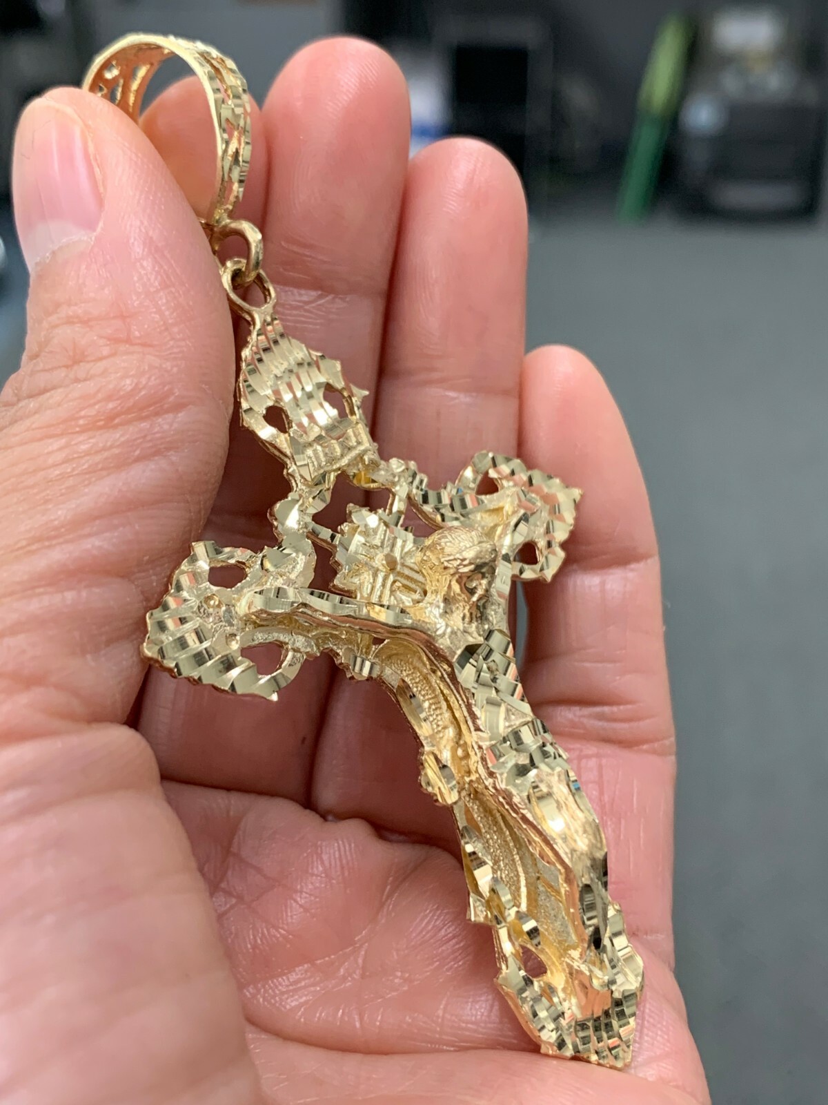 14k Yellow Gold Religious INRI Jesus Christ 3D Big Cross Pendant 3.36″ 16.4grams
