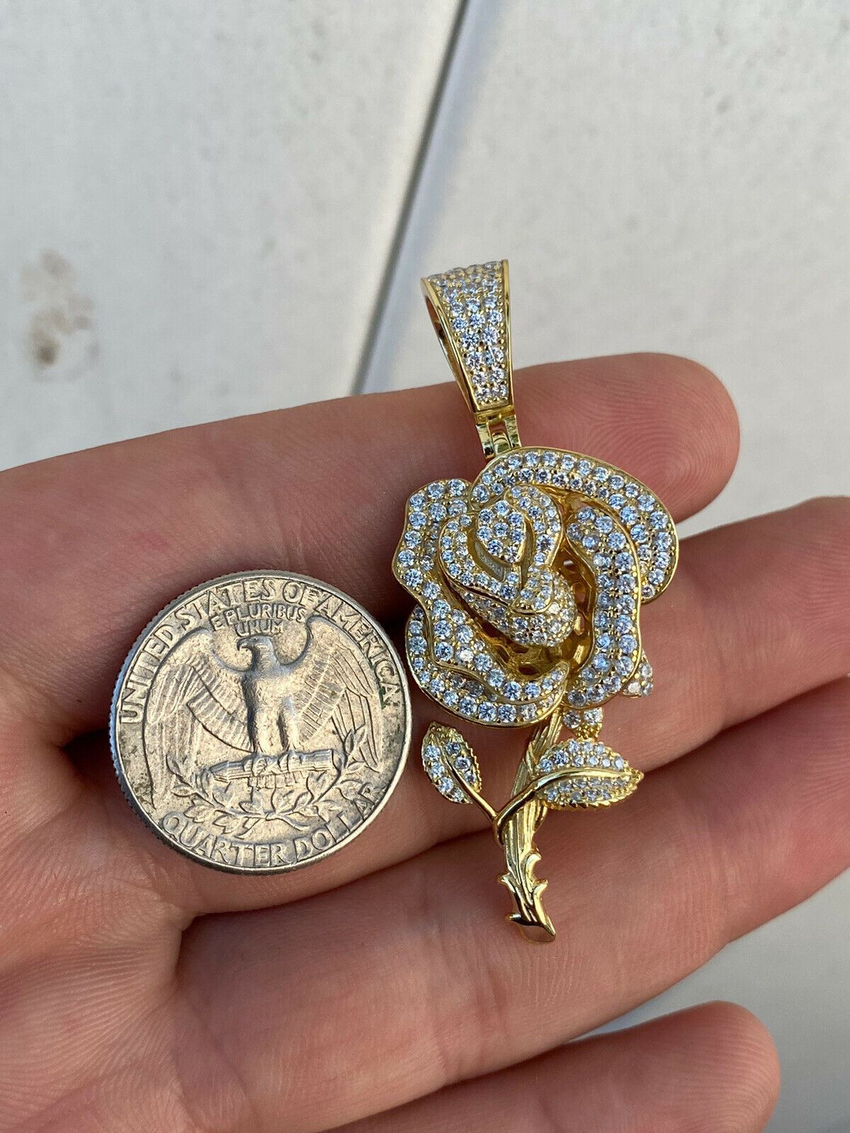 Real MOISSANITE 925 Silver Rose Flower Pendant Necklace 14k Gold Plated Iced