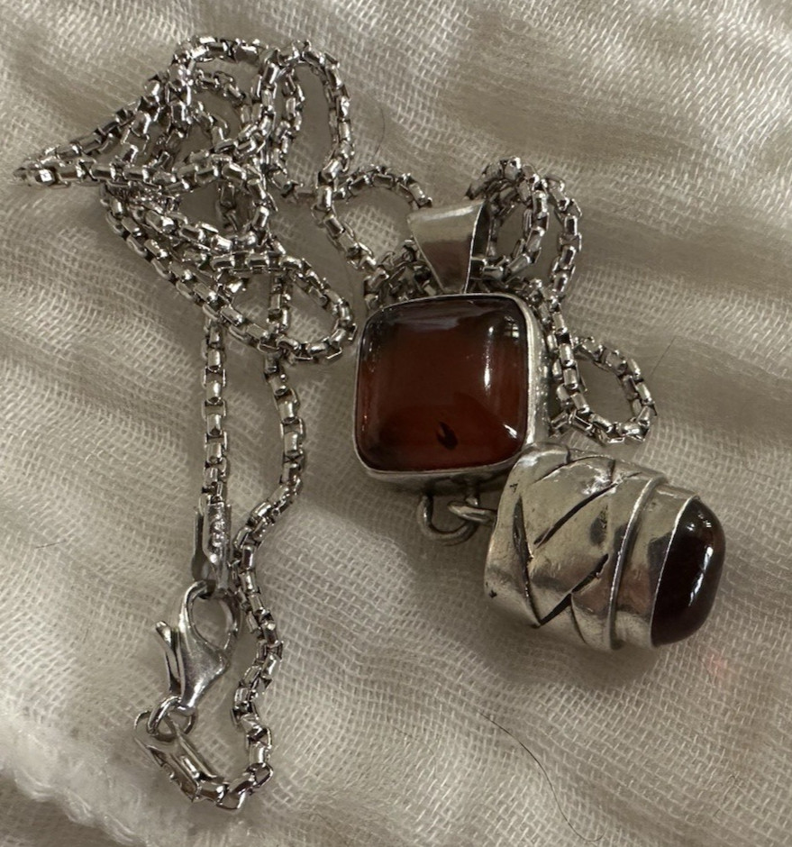 Lori Bonn Sterling Silver Two Piece Cognac Amber Dangle Pendant Necklace 18″