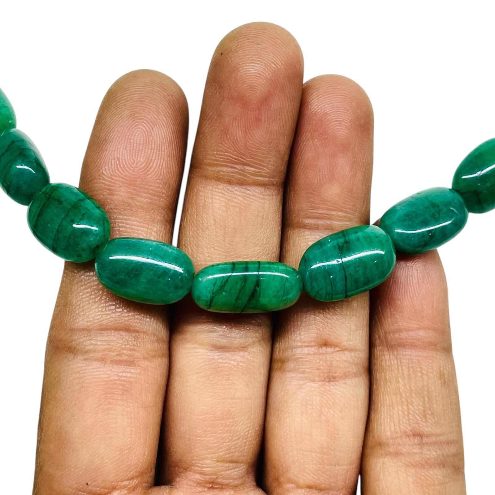 18 Inch Single Strand Natural Emerald 8.5-11.5mm Tumble Beads Necklace 925 Clasp